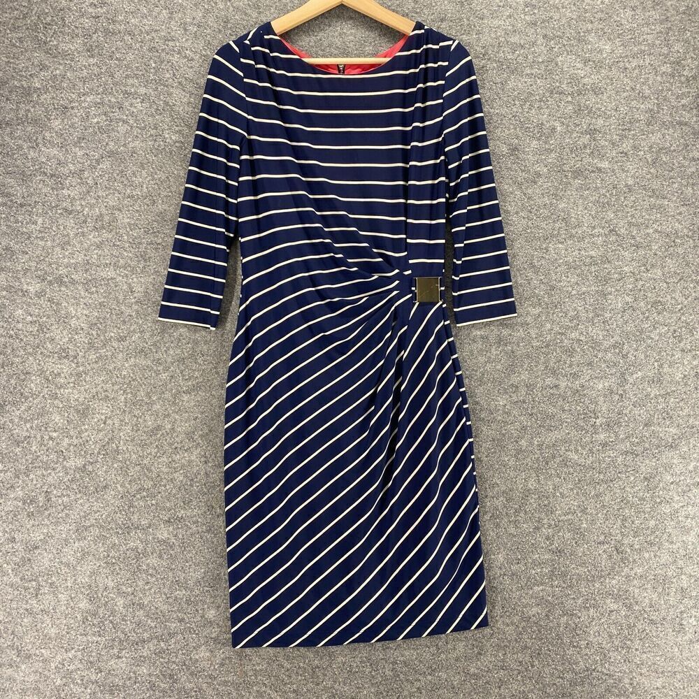Jessica H Dress Women 6 Blue Striped Sheath Midi Zipper Lined Long Sleeve Casual